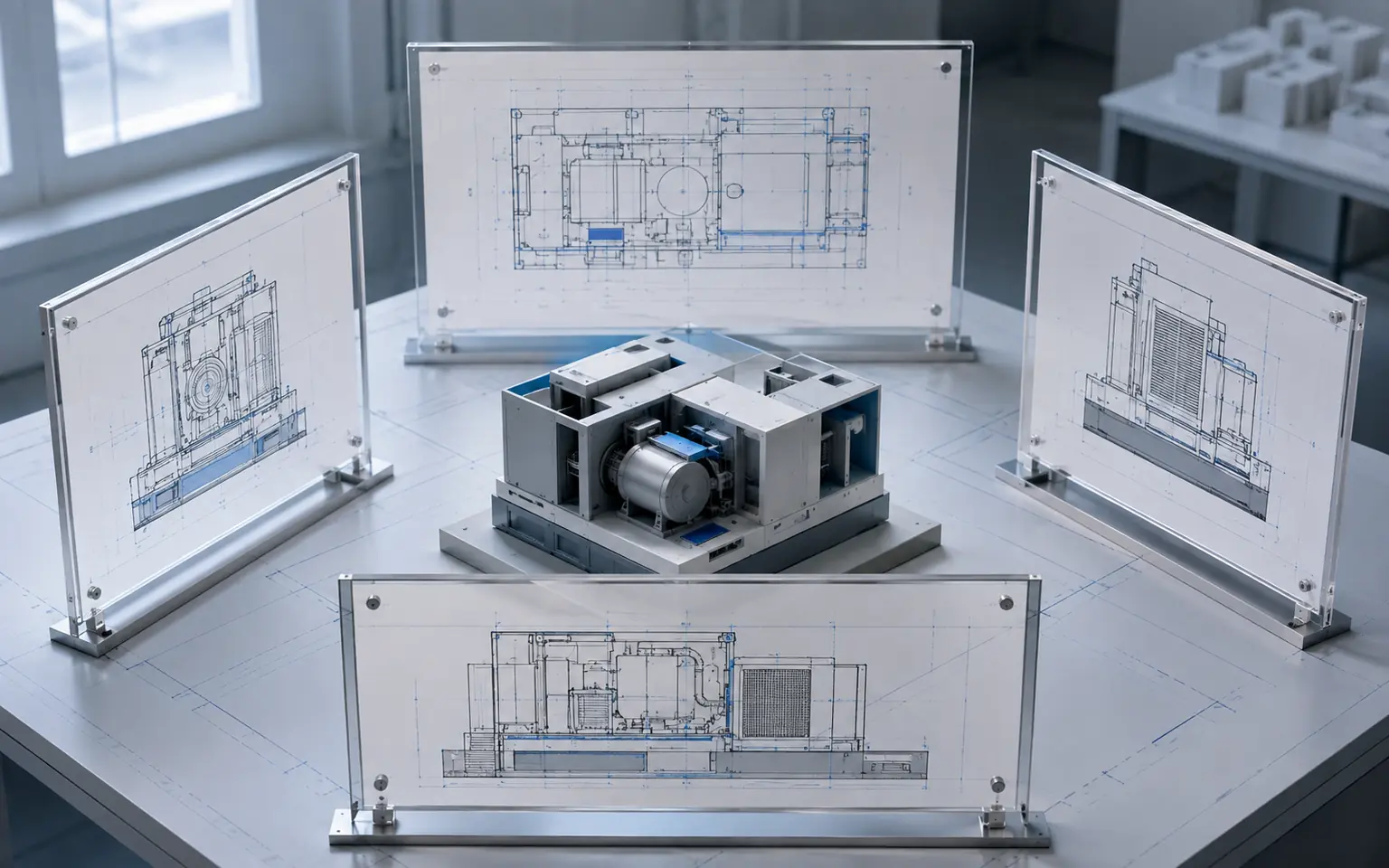 Plan, elevation, side and section drawings reconciled around one consistent mechanical and architectural 3D model
