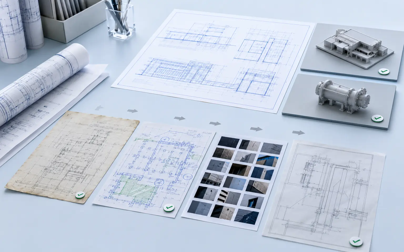 Mixed source drawings, scans and markups organised into clean CAD and model outputs