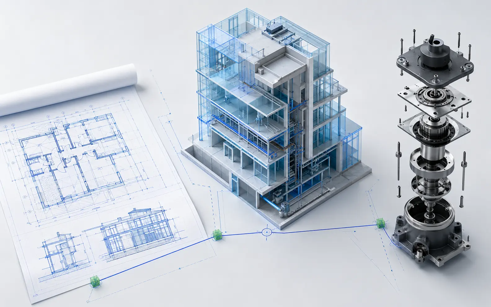AutoCAD drawing, coordinated BIM building model and mechanical assembly presented as one production system