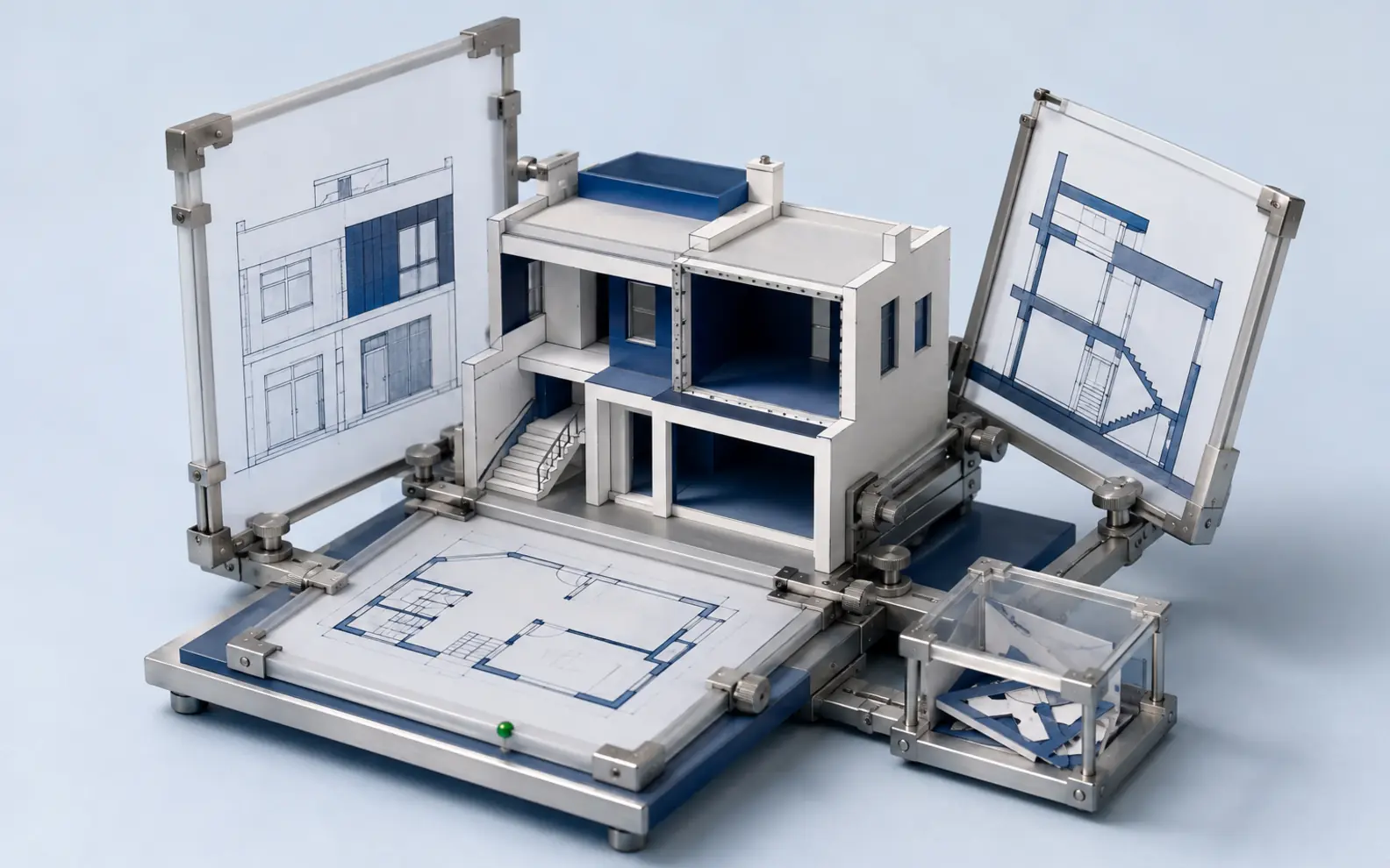 Plan, elevation and section sources registered to one architectural model with unresolved depth left visibly open