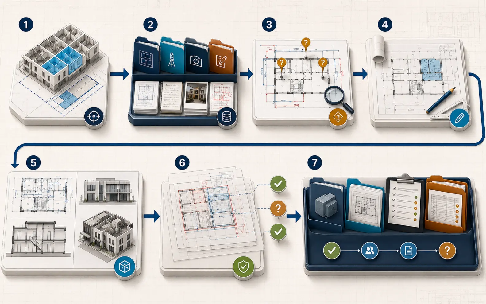 Seven-stage as-built workflow from defined scope and source registration through discrepancy review, production, evidence comparison and controlled handover