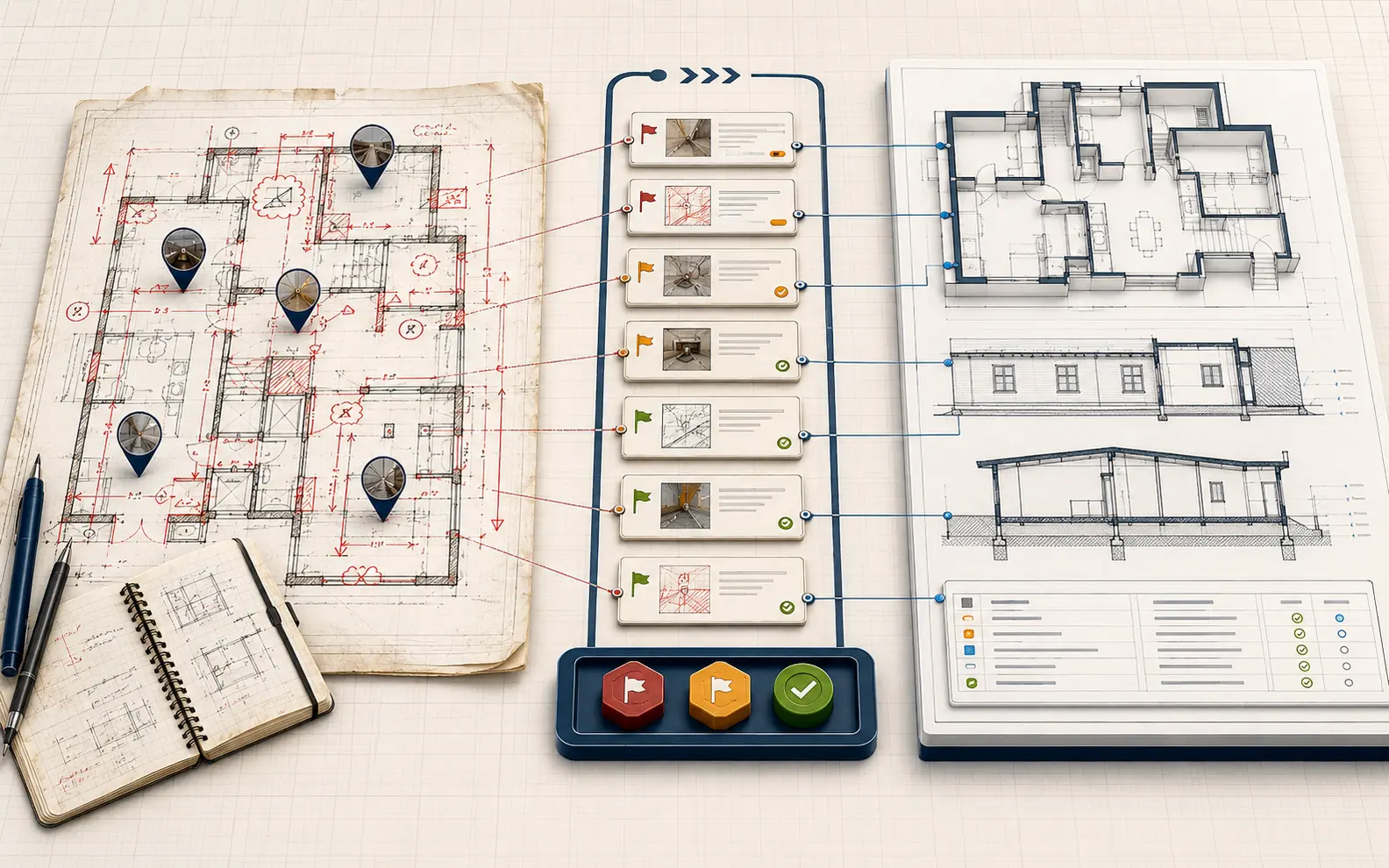 Field-marked architectural plan connected through source review to coordinated as-built plans, elevations, sections and revision records