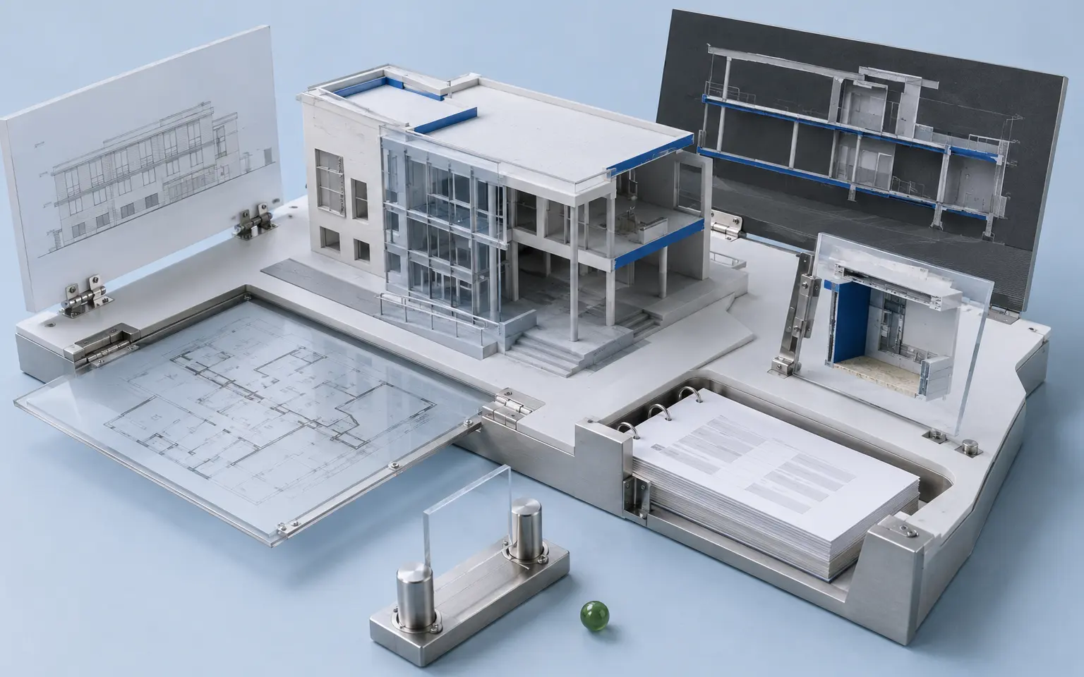 One architectural building model connected to plan, elevation, section, interior detail and schedule outputs