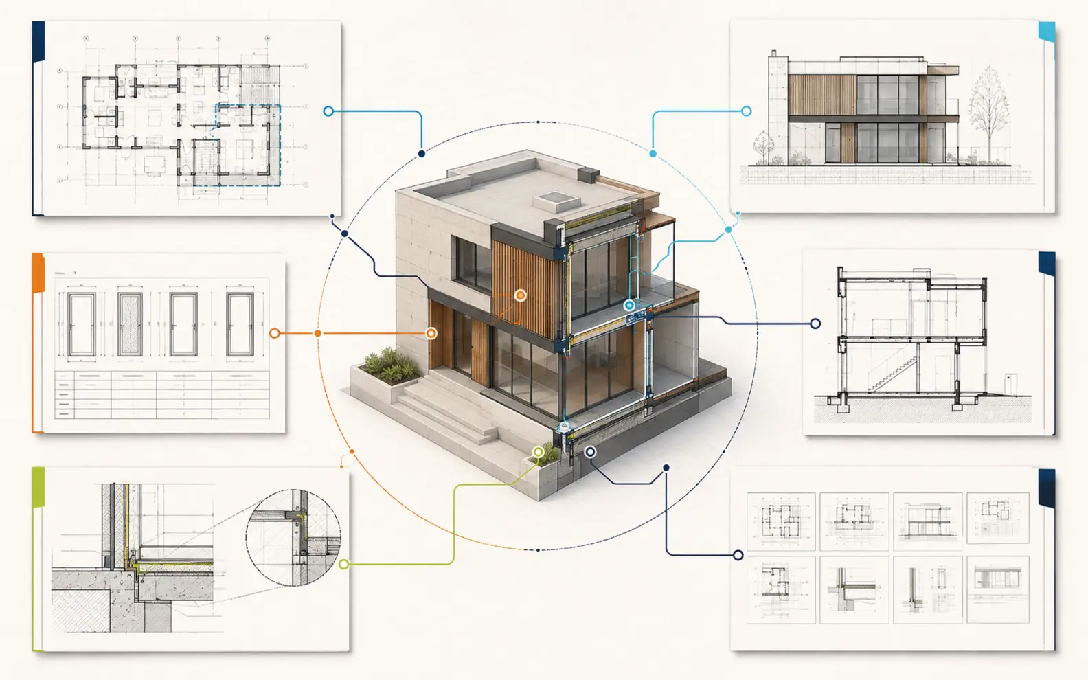 Coordinated architectural plan, elevation, section, detail and schedule views connected around one building model