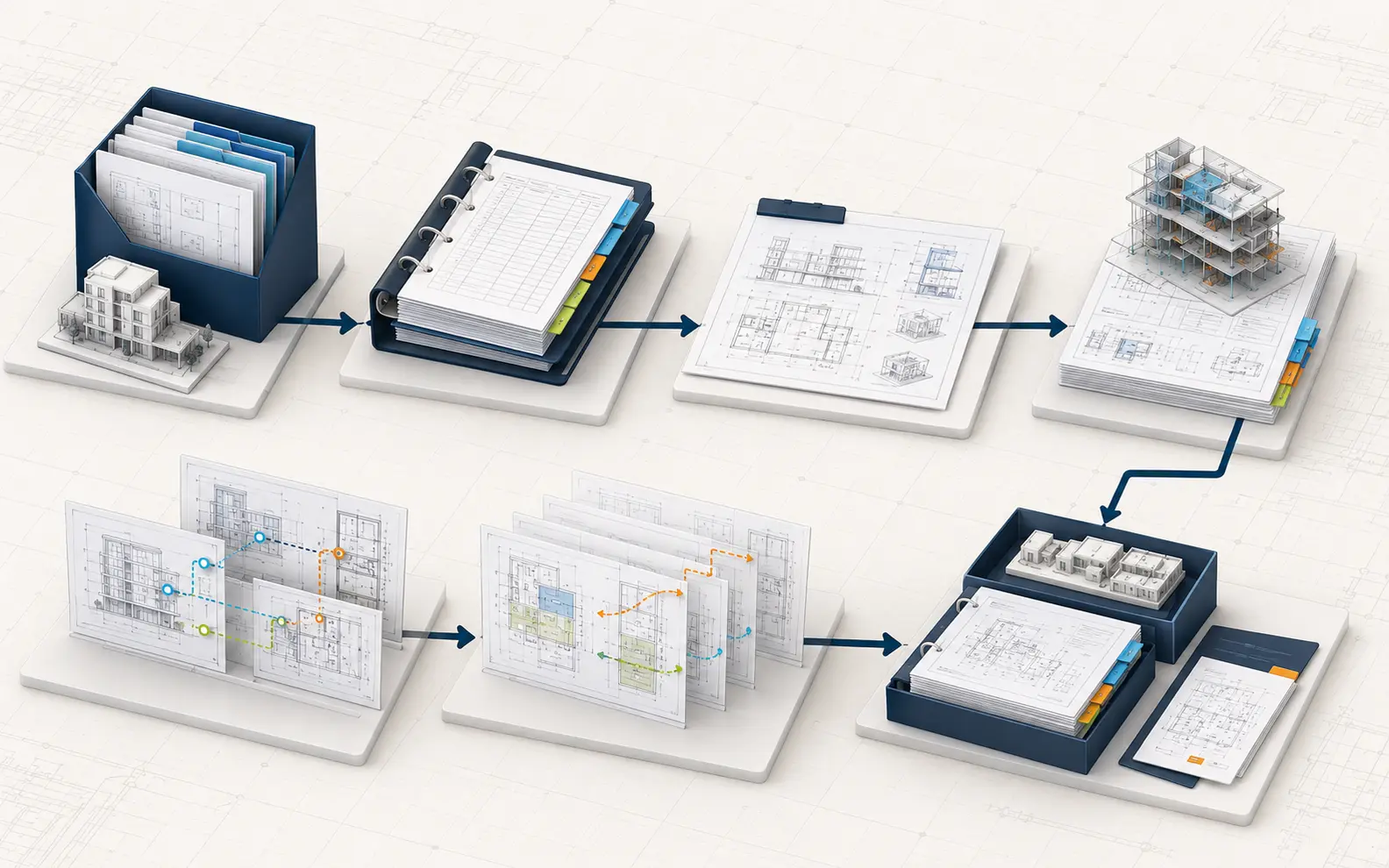 Seven connected documentation stages from approved sources through coordinated drawing review, revision control and final issue