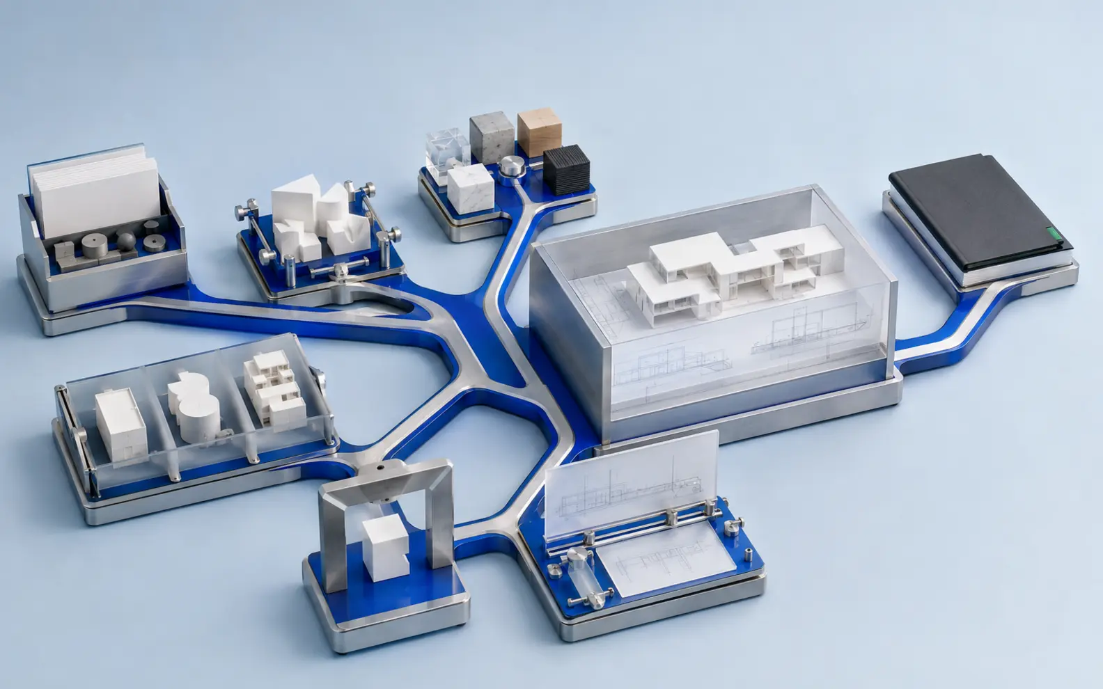 Eight connected architectural design stages from brief and concept development through option review and final handover