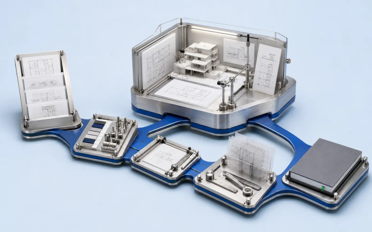 Six connected drafting stages from drawing-package mapping and CAD setup through cross-view review and final delivery