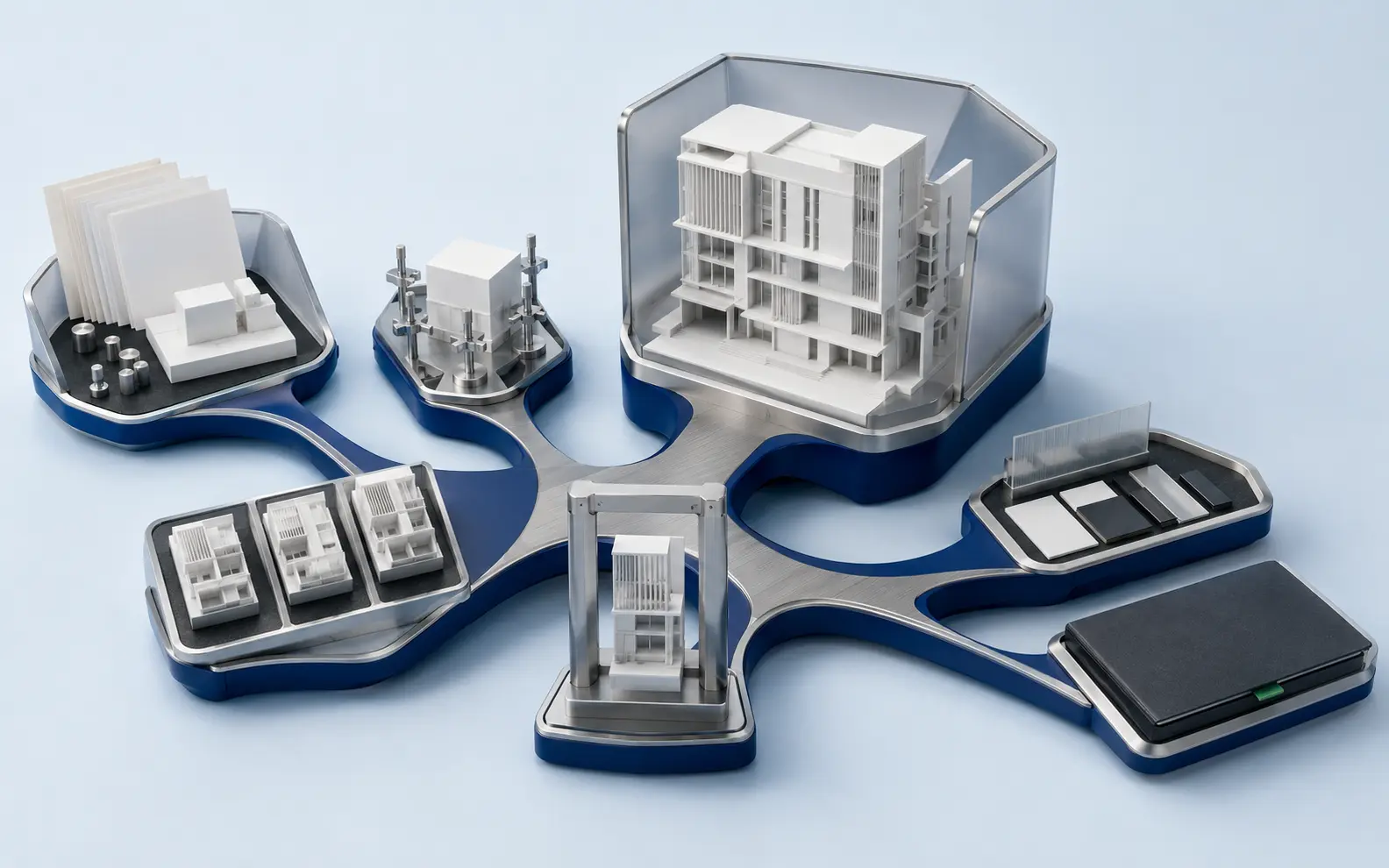 Seven connected facade design stages from context and base-model review through material approval and final handover