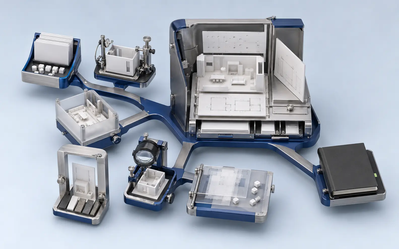 Eight connected interior-production stages from room brief and test fits through coordinated drawings and final handover