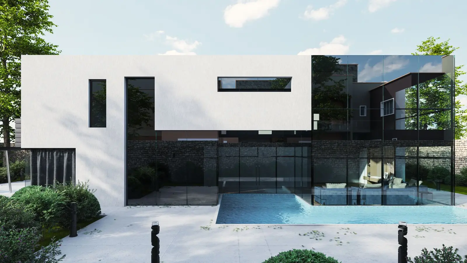 Photorealistic architectural rendering of a modern house with glass walls and a swimming pool
