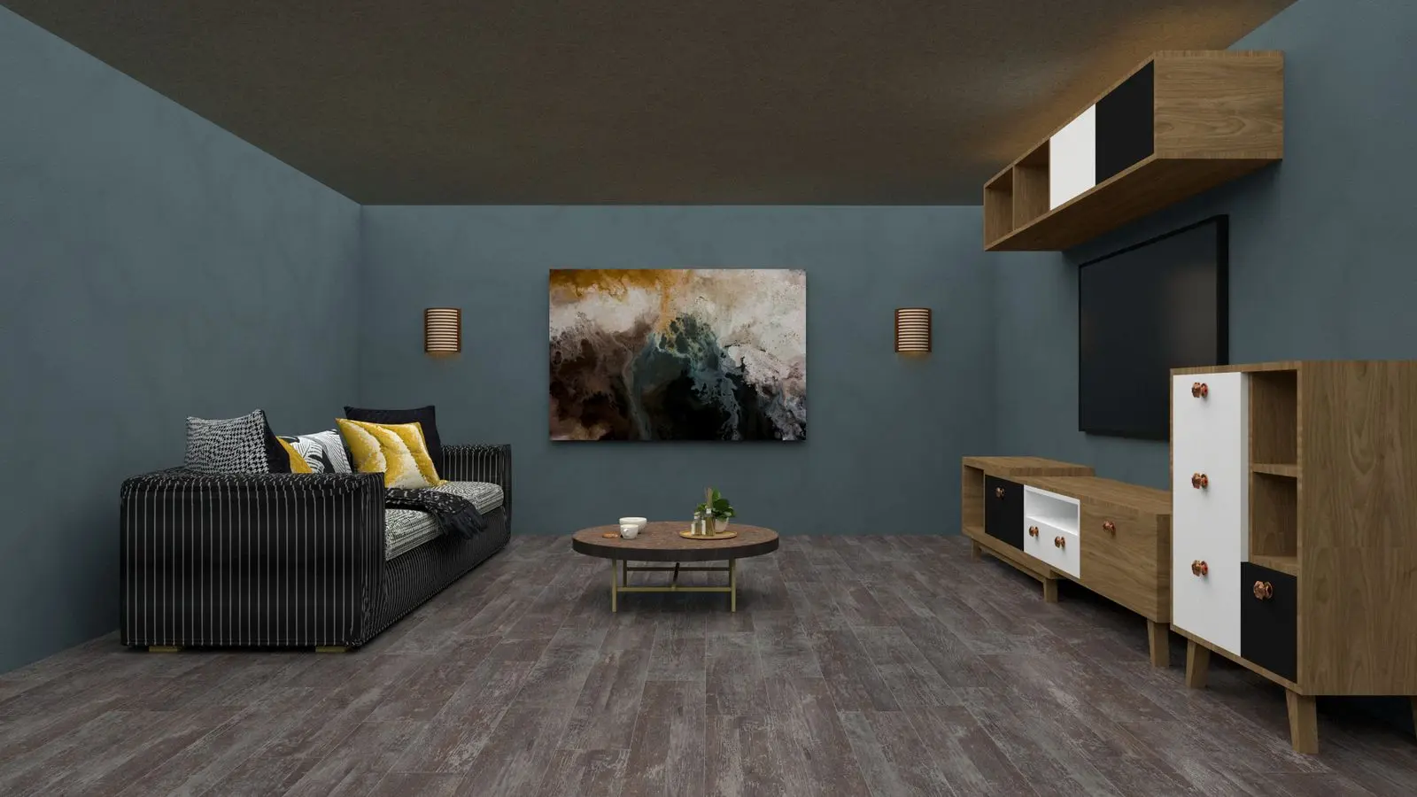 3D architectural visualization of a modern living room with coordinated furniture, lighting and finishes