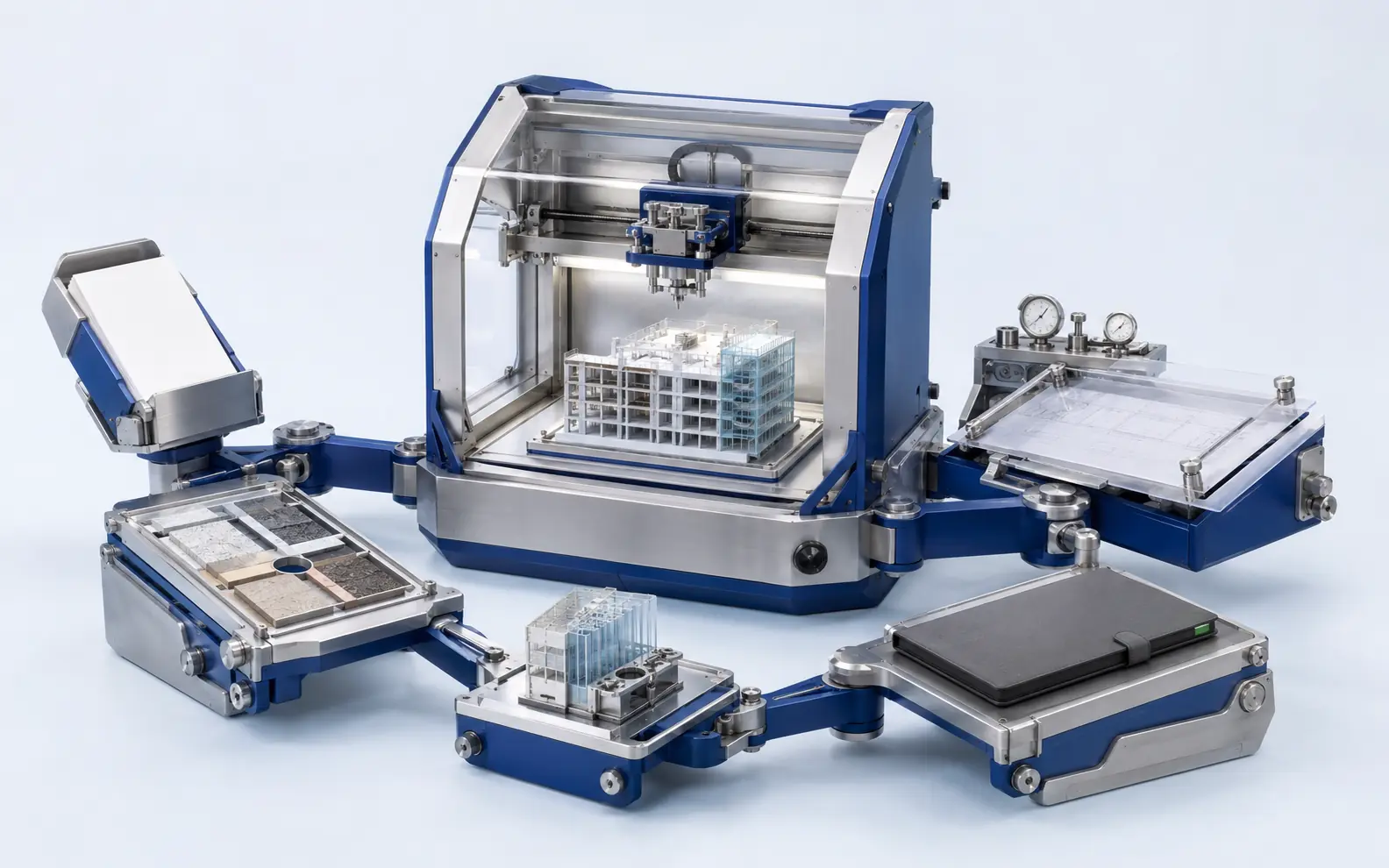 Six connected architectural production stages from brief and source review through controlled production, quality checking and final delivery