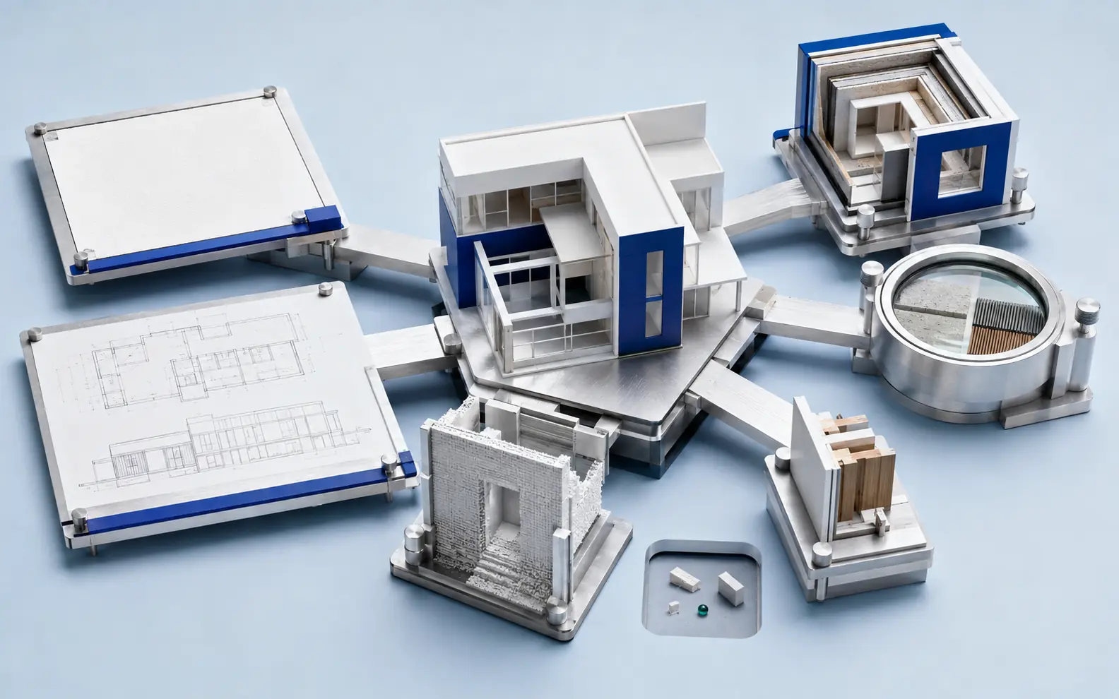 Architectural source drawings, CAD drafting, BIM modeling, visualization, survey evidence and detail production connected around one building model