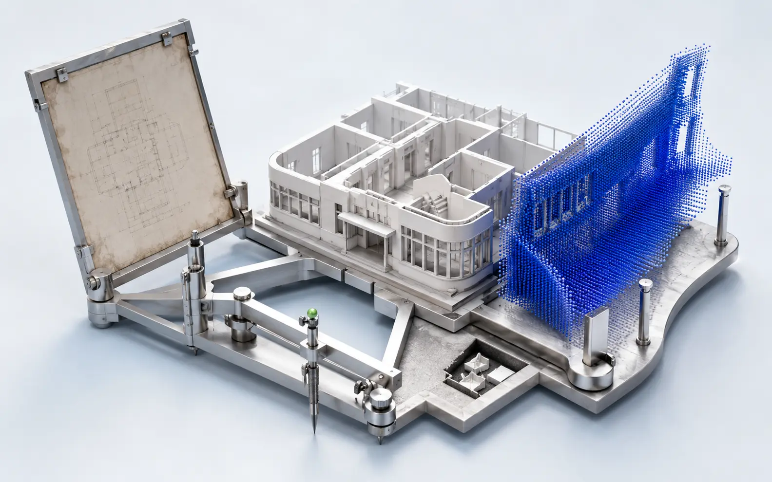 Record drawing, field measurement rig and point-cloud evidence reconciled around one existing-building model