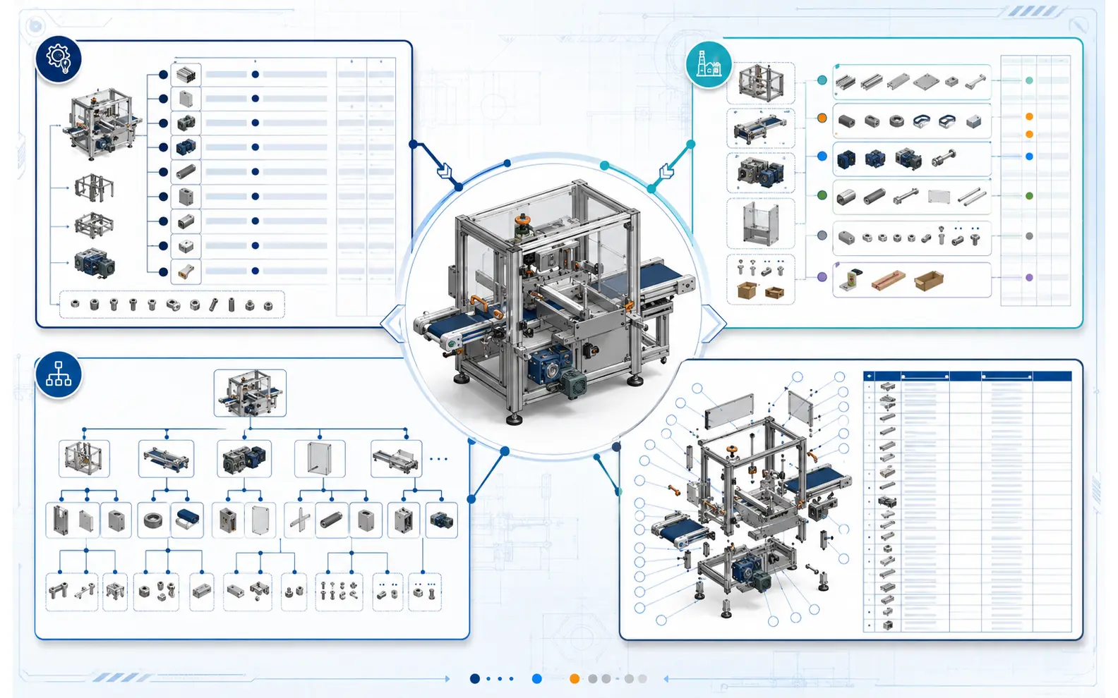 Comparison of engineering, manufacturing, multilevel and drawing BOM structures connected to the same packaging-machine assembly