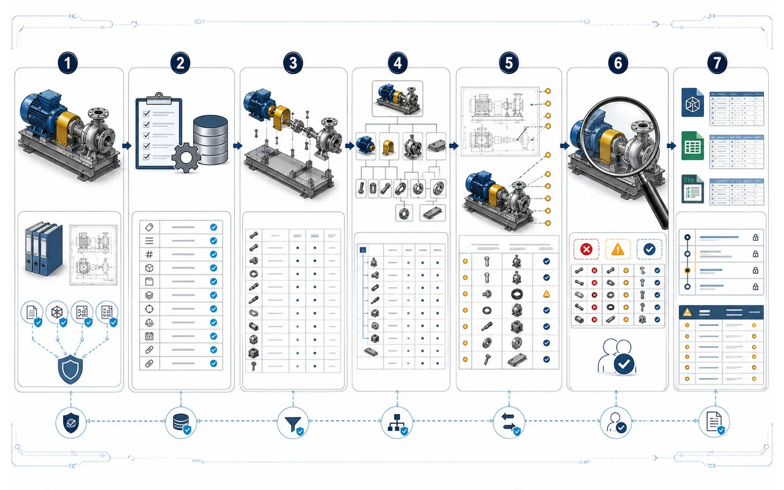 Seven-stage BOM workflow covering purpose definition, data rules, extraction, hierarchy building, model reconciliation, human review and controlled delivery