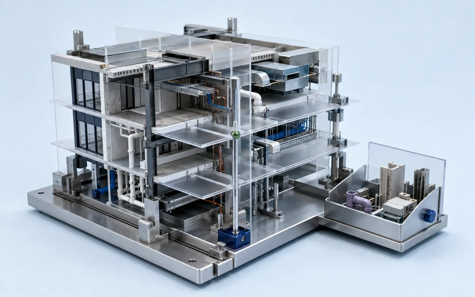 Architectural, structural and building-services model fragments aligned within one shared coordinate and datum framework