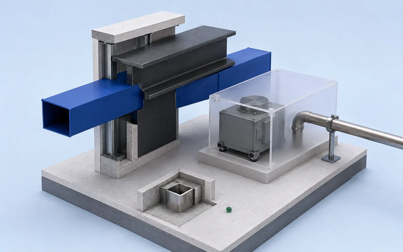Physical model demonstrating a duct and beam hard clash, a maintenance-envelope soft clash and a useful sleeve exception
