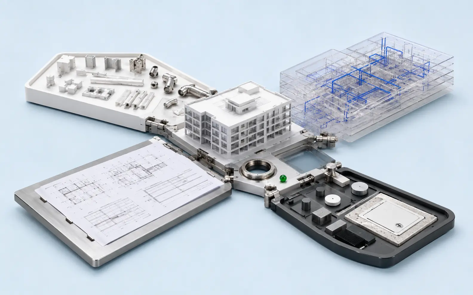 Four BIM model-use paths arranged around one shared commercial-building core and adjustable scope fixture