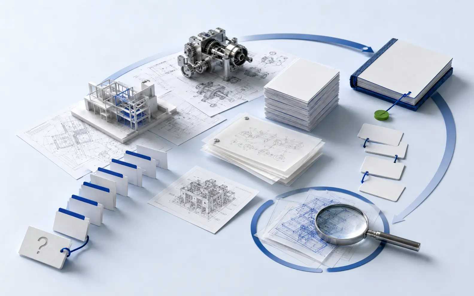 Technical editorial workflow linking a production question, CAD and BIM research, review and a completed guide