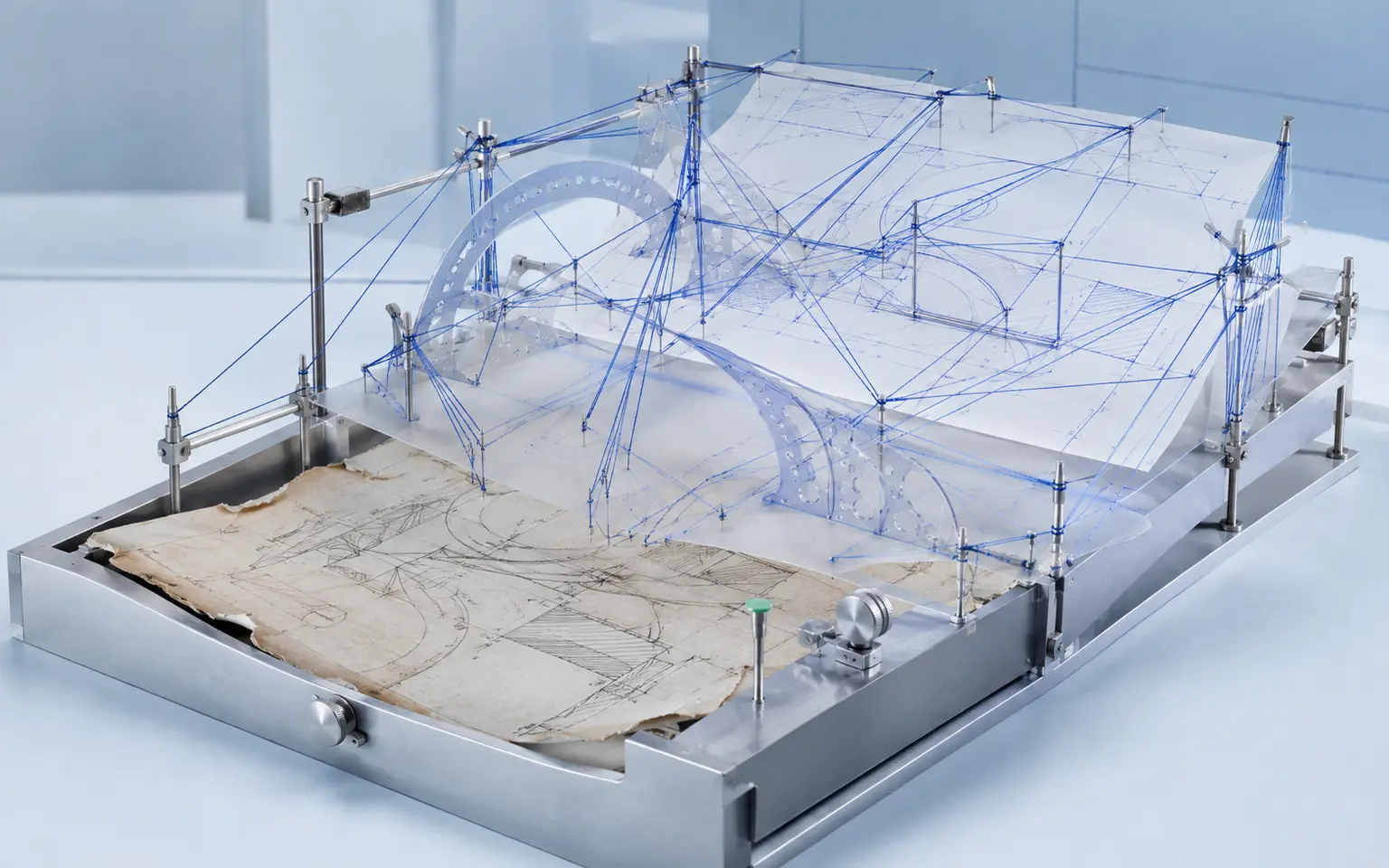 Damaged and distorted source drawing rebuilt through a controlled manual CAD reconstruction frame
