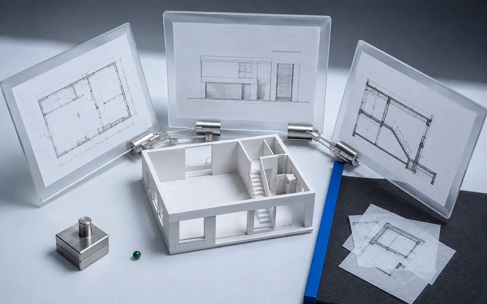 Plan, elevation and section drawings interpreted together around one partially reconstructed building model