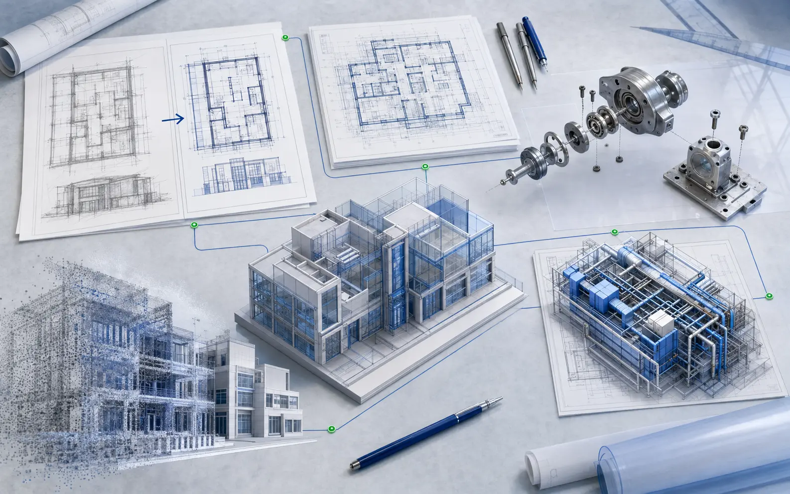 CAD conversion, AutoCAD drafting, SolidWorks, Revit BIM, MEP coordination and scan-to-BIM project examples