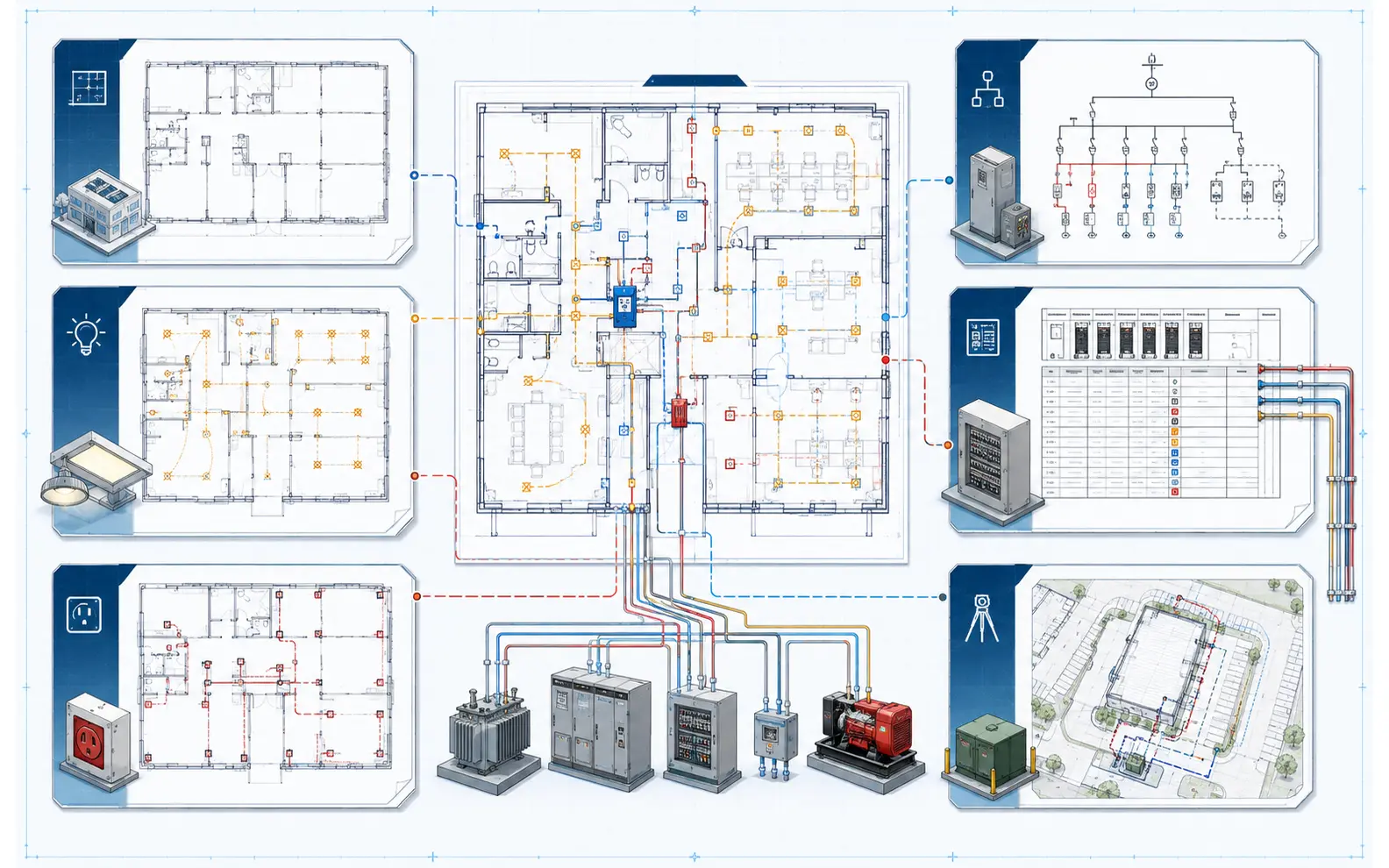 Connected electrical floor, lighting, power, one-line, schedule, cable-route and site drawing package