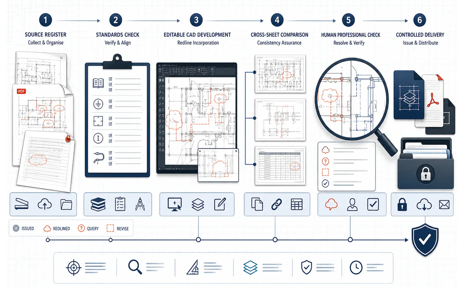 Six-stage electrical redline workflow from source register and standards review through editable CAD, cross-sheet comparison, human checking and controlled delivery