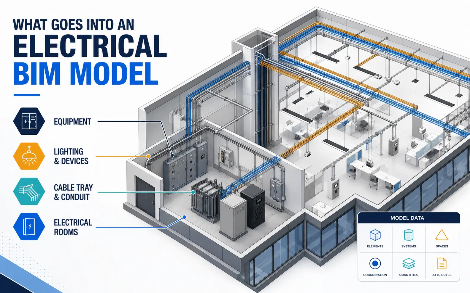 Isometric electrical BIM model showing equipment, lighting devices, cable tray, conduit and a coordinated electrical room