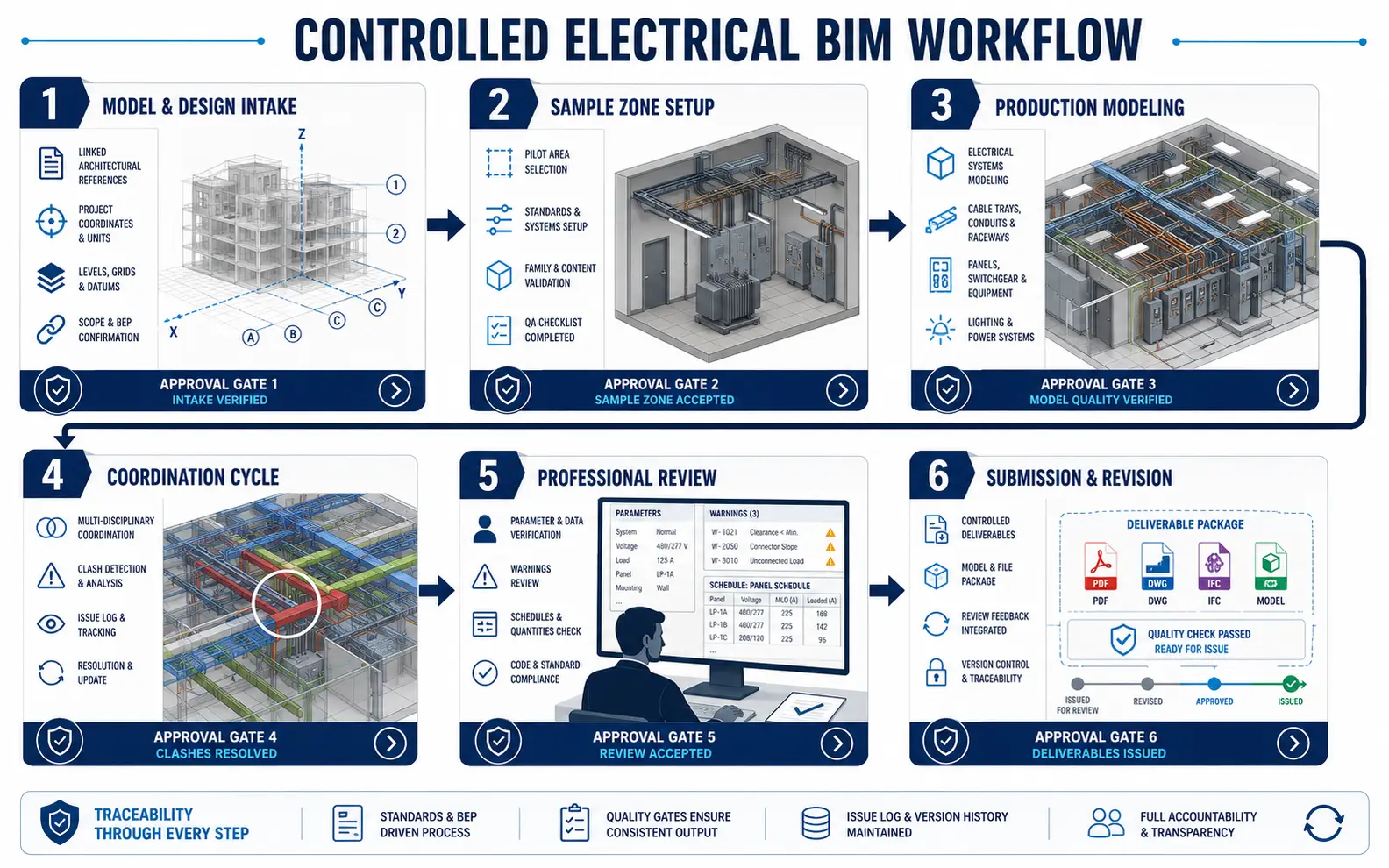Six-stage electrical BIM workflow from model intake and sample setup through production, coordination, professional review and controlled submission