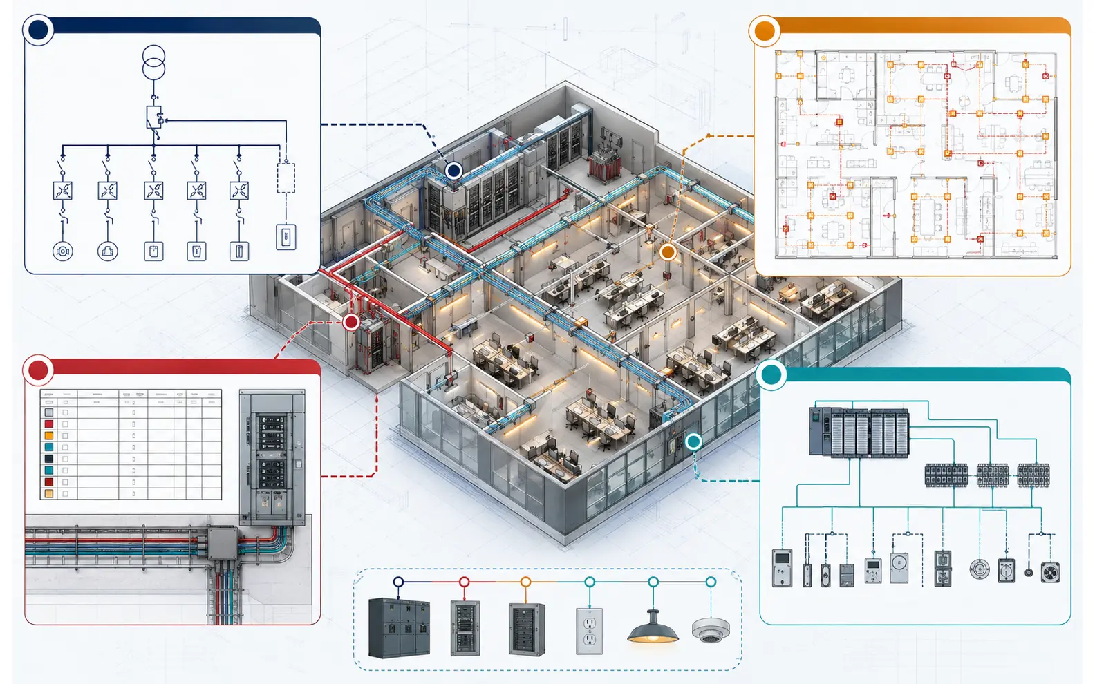 Commercial electrical package connecting a distribution diagram, lighting and power layout, panel schedule with cable routes and control schematic