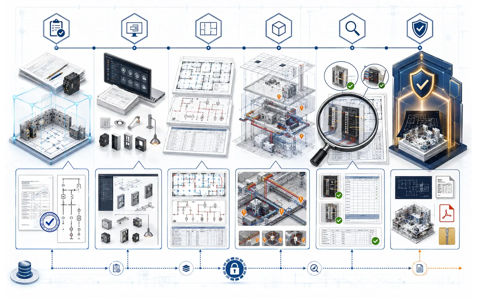 Six-stage electrical documentation workflow from approved authority and project setup through production, coordination, expert checking and client approval