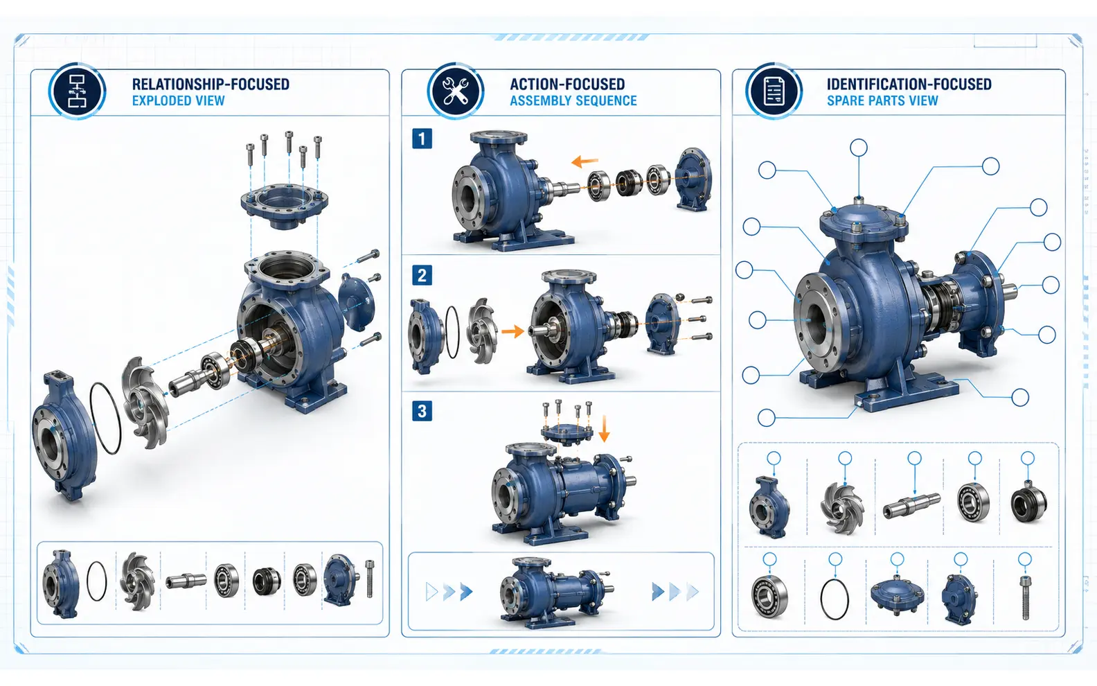 Comparison of relationship-focused exploded view, staged assembly sequence and spare-parts identification view for the same industrial pump