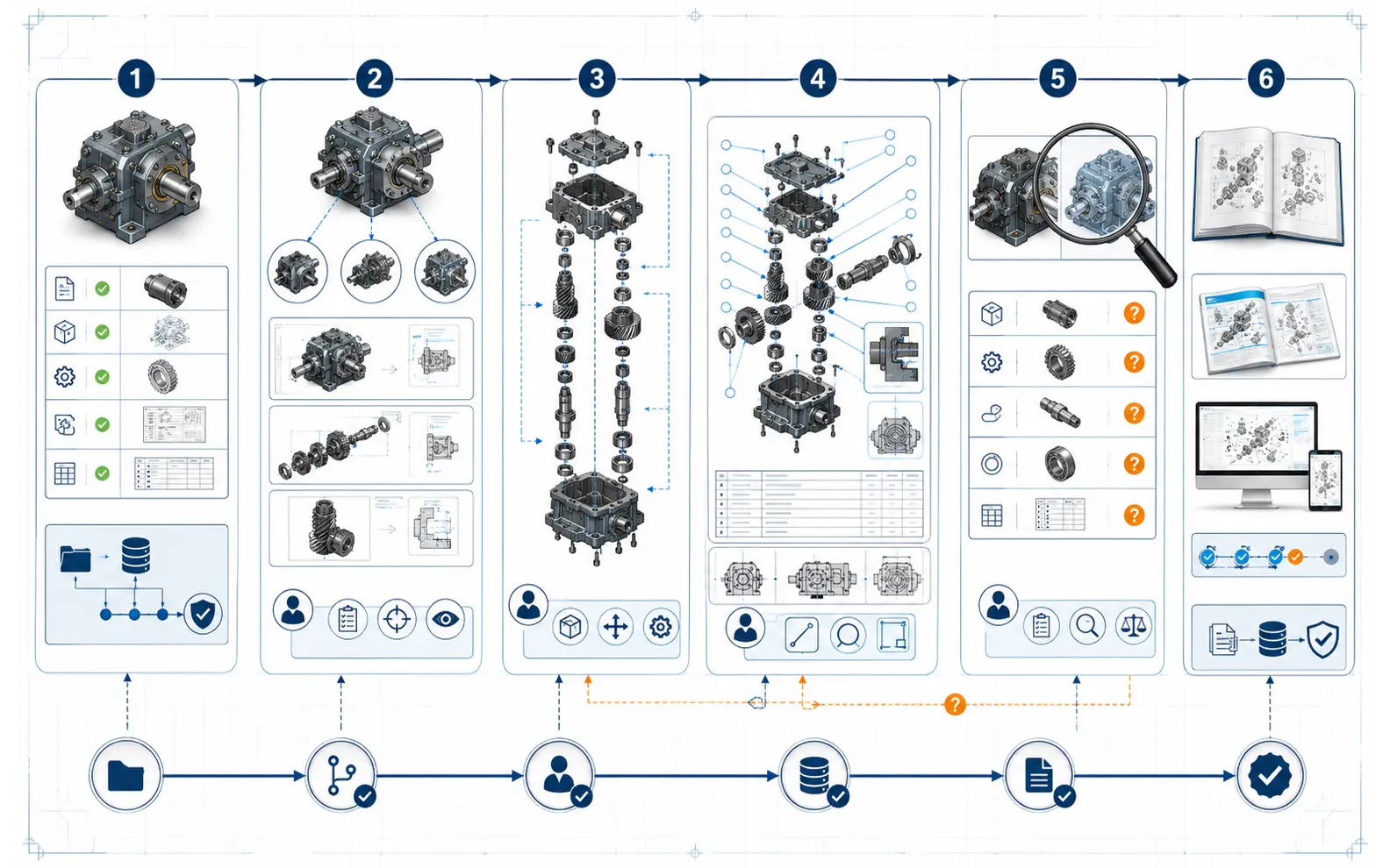 Six-stage assembly illustration workflow from source review and communication planning through exploded configuration, composition, human checking and controlled publication