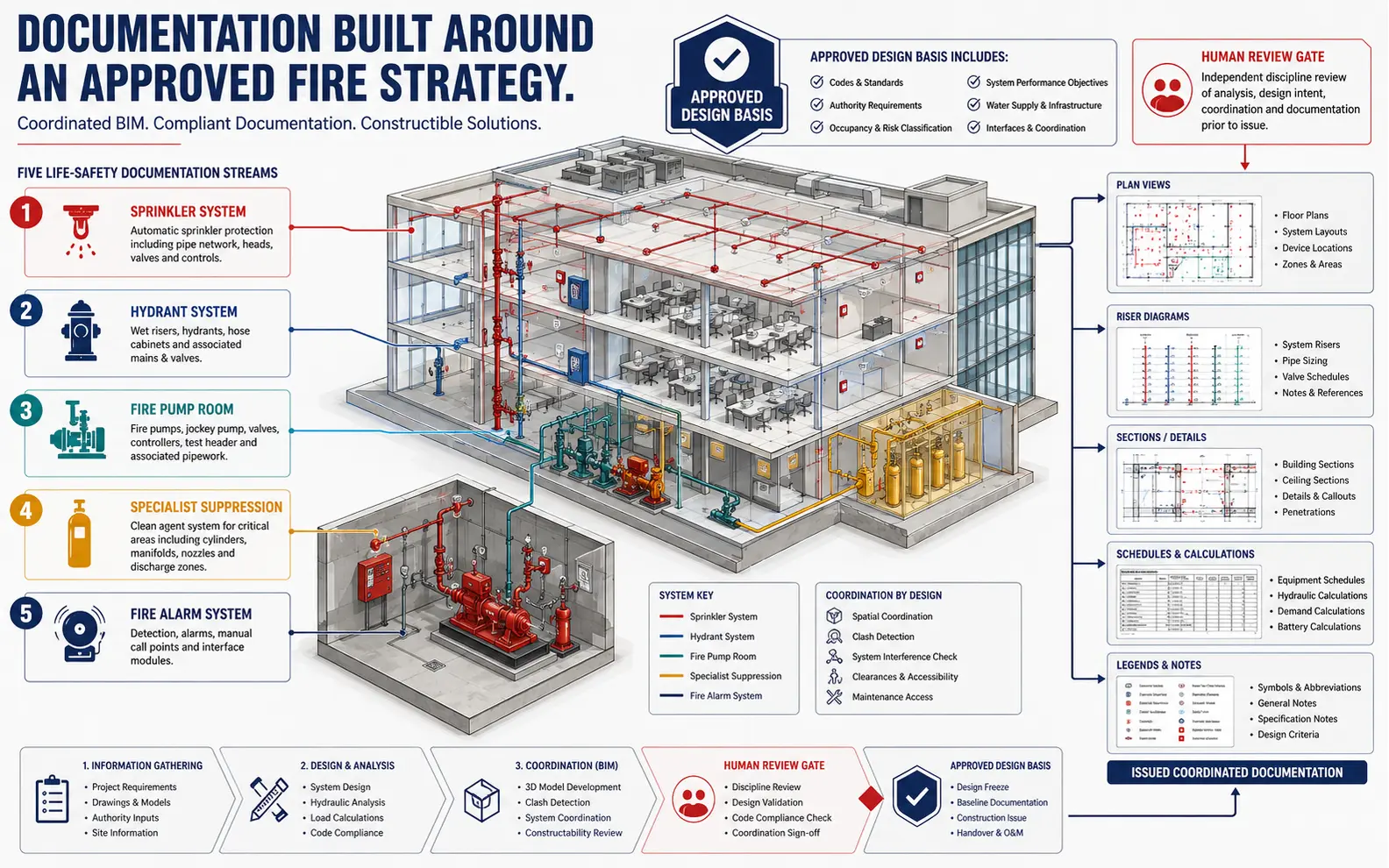 Coordinated fire-protection model showing sprinkler, hydrant, pump-room, specialist-suppression and alarm documentation streams