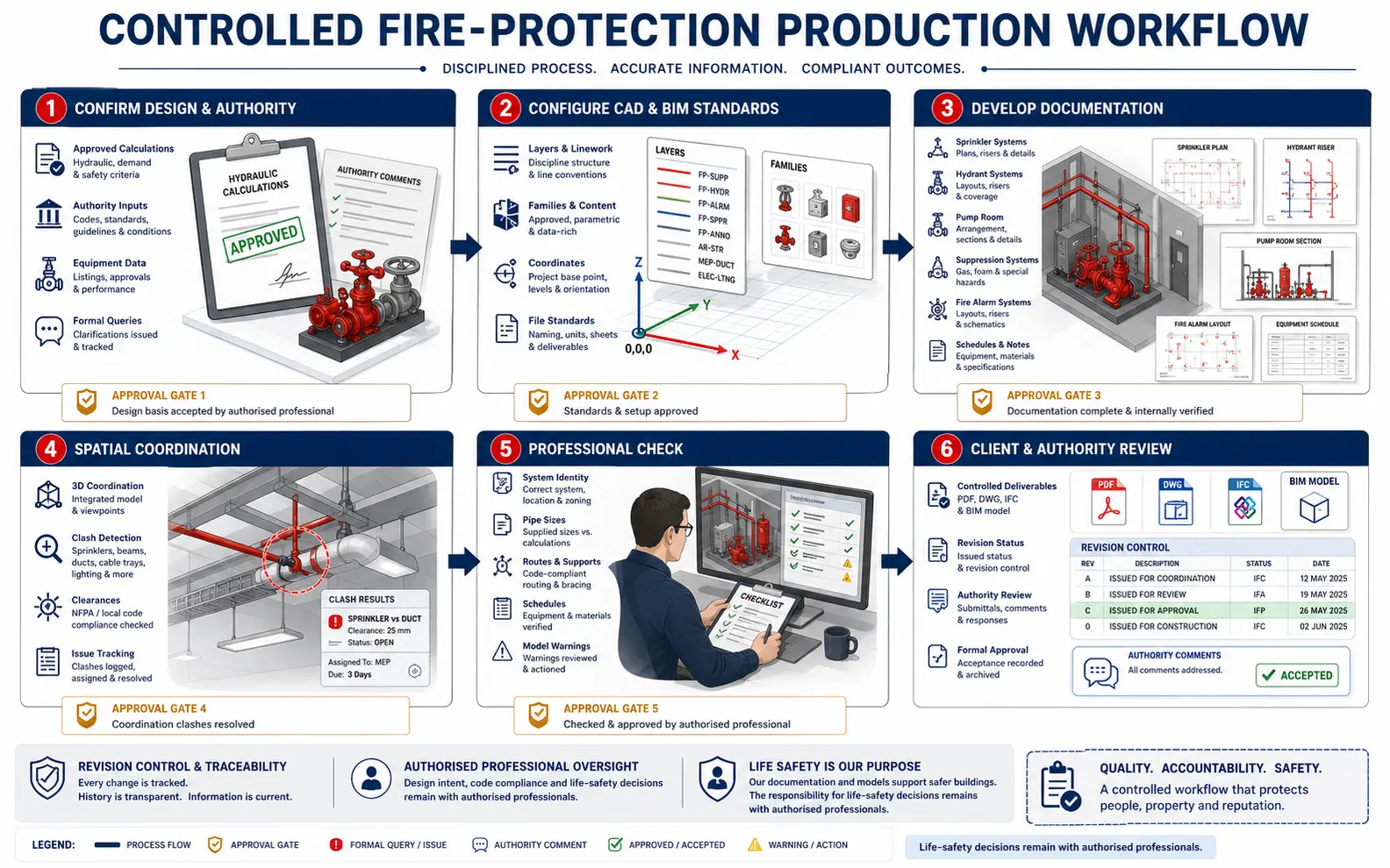 Six-stage fire-protection workflow covering design authority, CAD and BIM standards, documentation, spatial coordination, professional checking and authority review