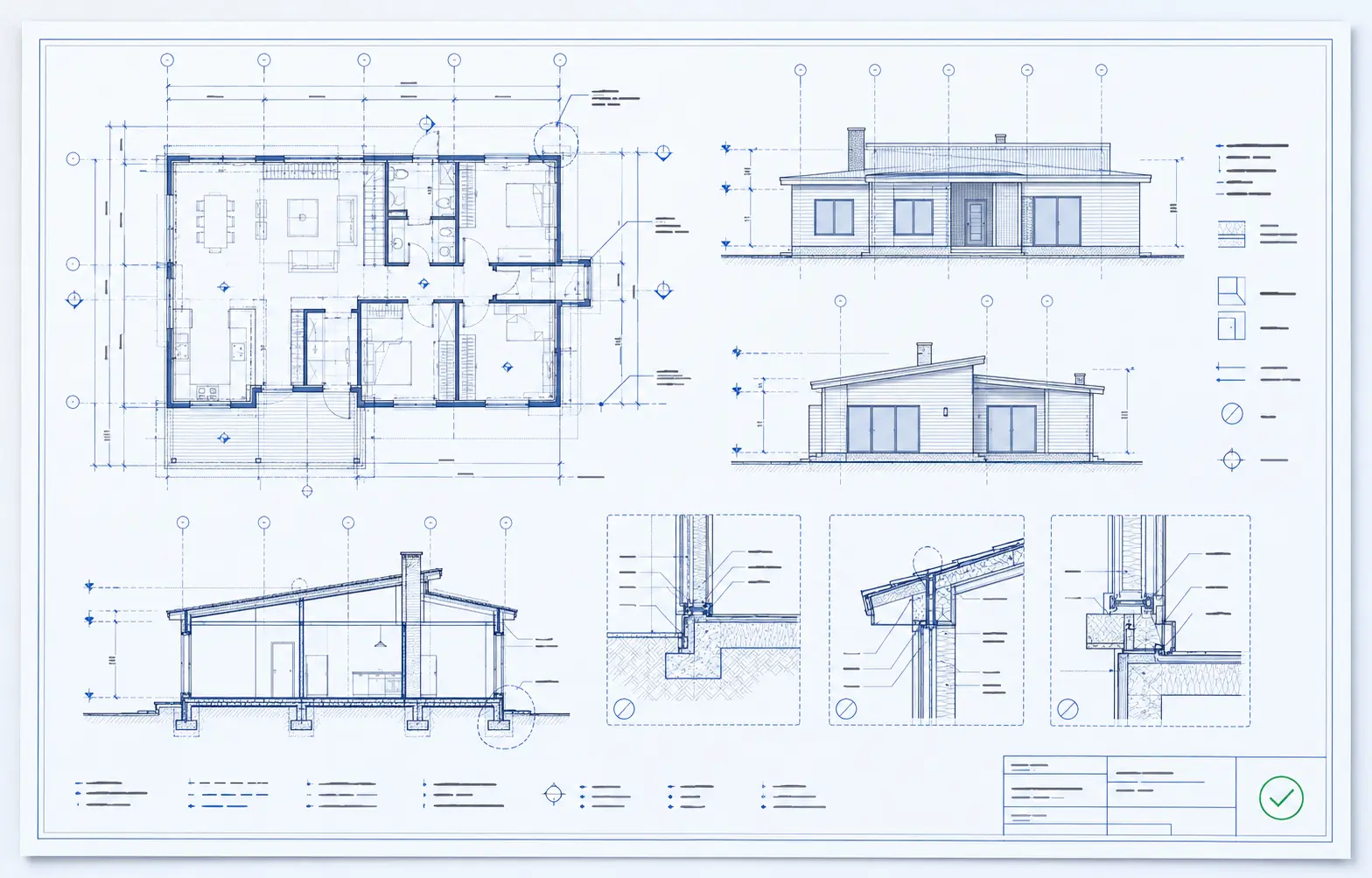 Organised architectural CAD sheet with a floor plan, elevations, section and construction details