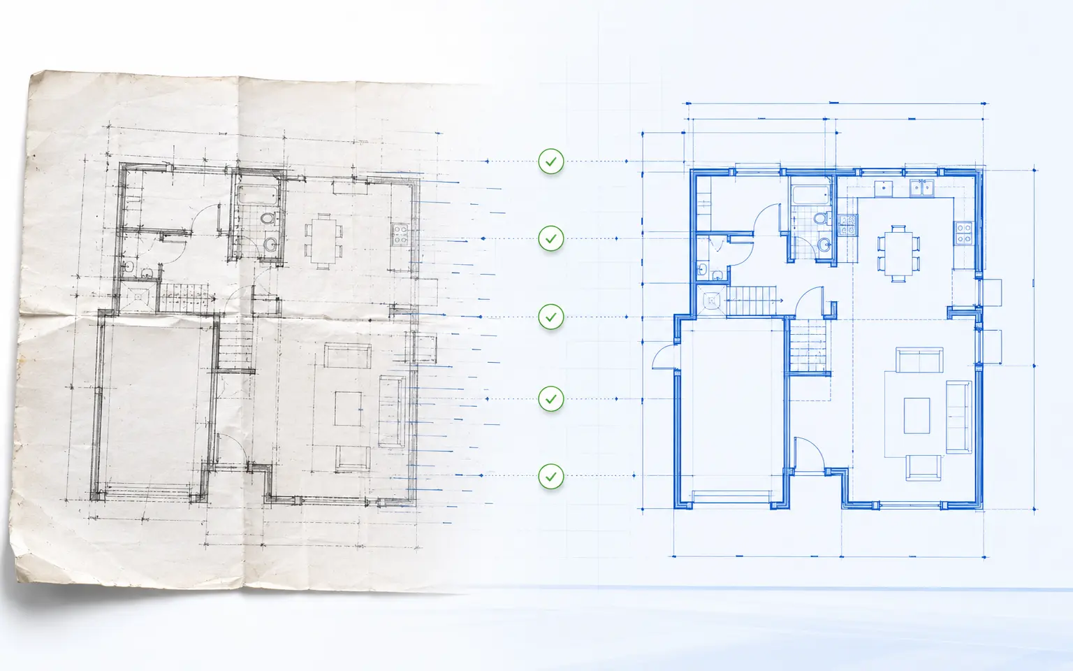A worn scanned floor plan being converted into a clean structured CAD drawing