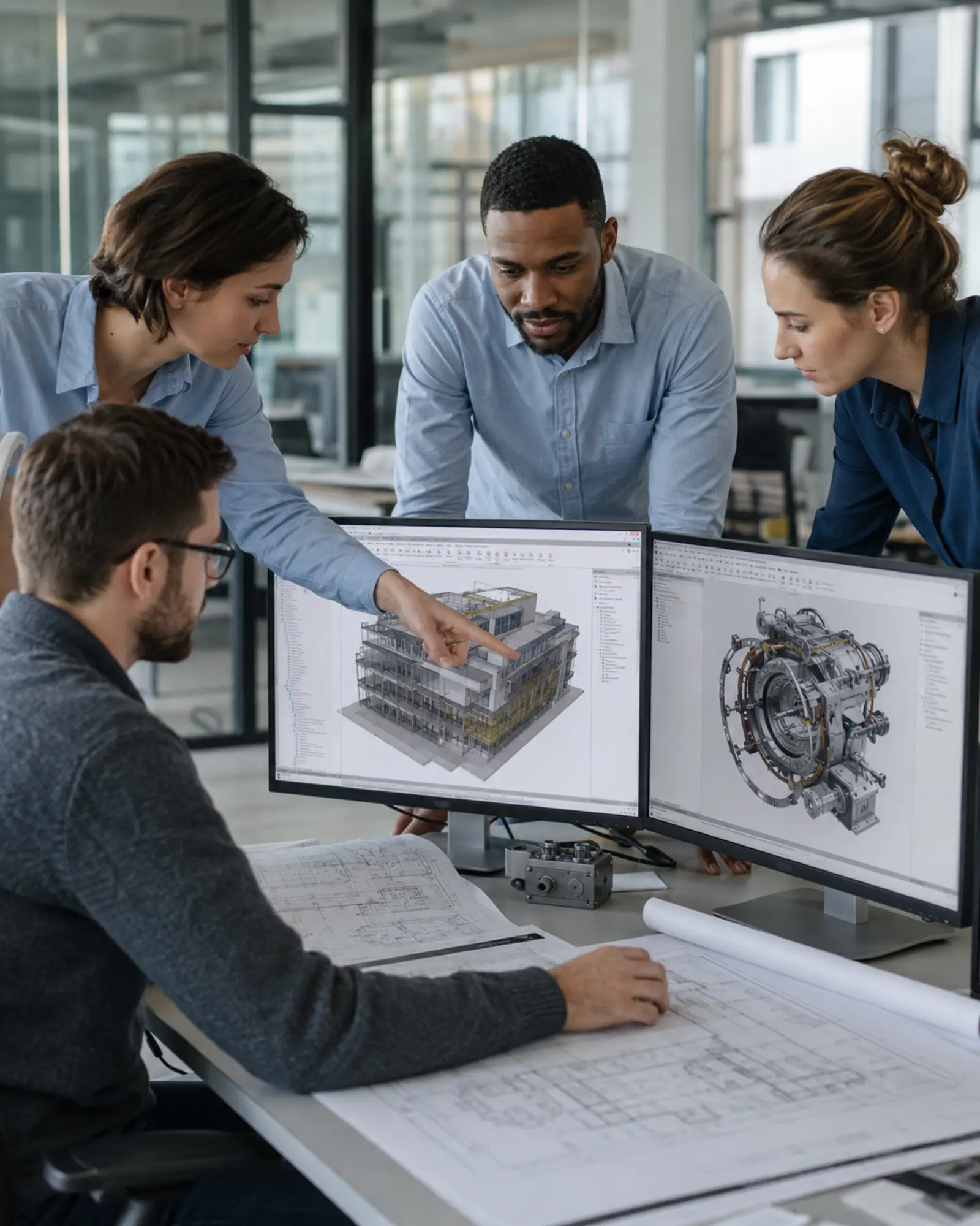 CAD and BIM production team reviewing a building model, mechanical assembly and technical drawings on dual monitors