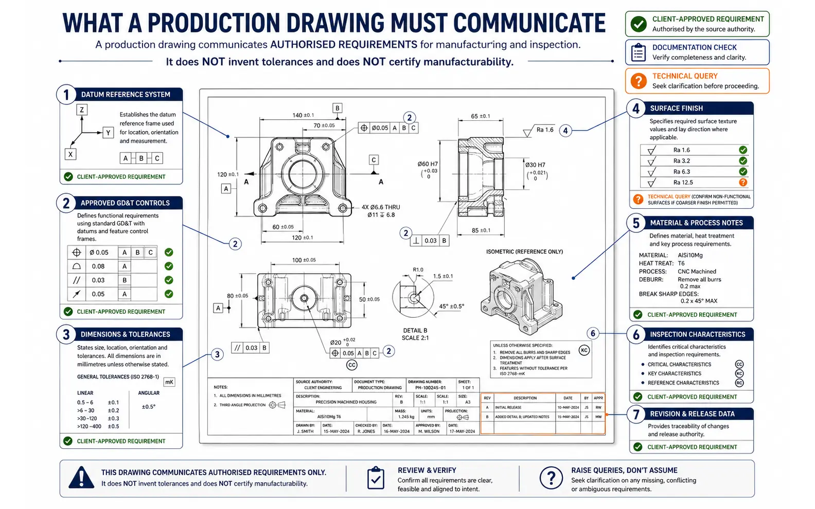 Precision housing production drawing connecting datum references, approved geometric controls, dimensions, surface finish, material notes, inspection characteristics and release data
