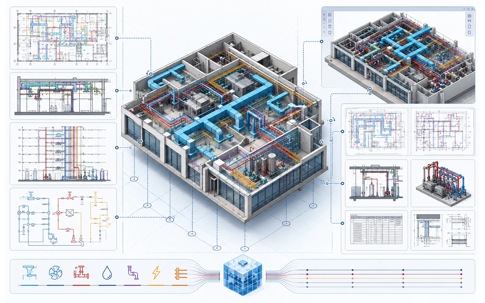 Commercial floor MEP environment connecting coordinated 2D plans, sections, risers and schematics with an integrated multidisciplinary BIM model