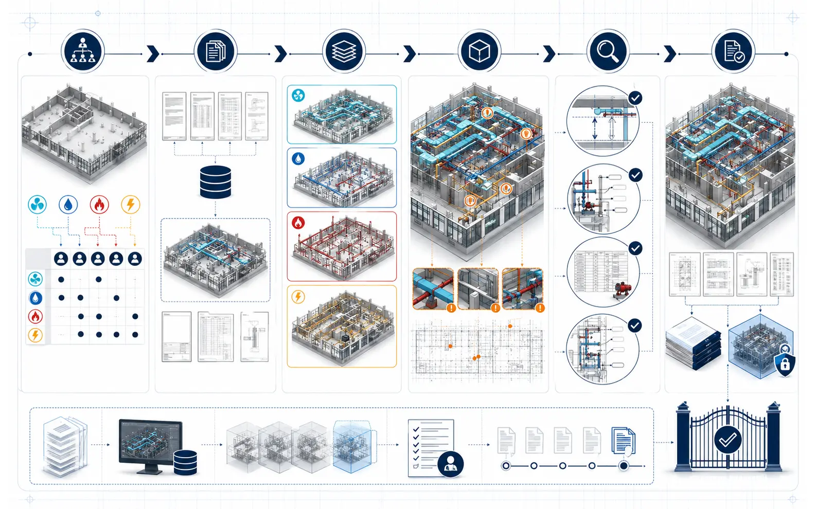 Six-stage multidisciplinary MEP workflow covering responsibility mapping, standards setup, discipline production, coordination review, human checking and controlled delivery