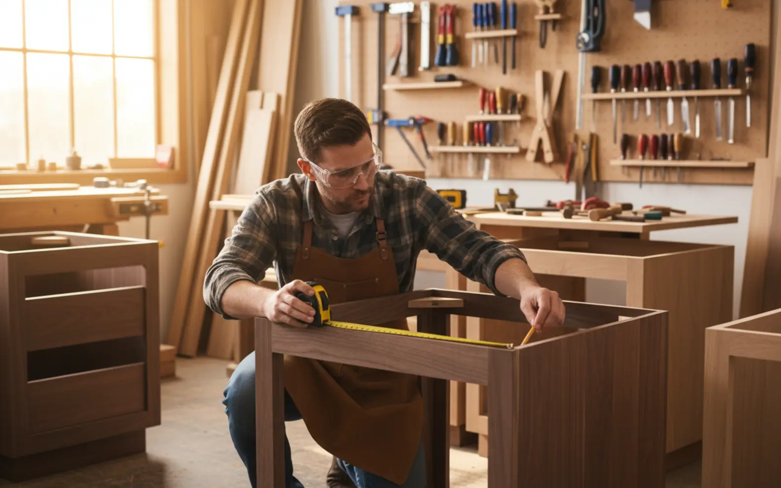 Cabinet maker measuring a custom casework unit in a woodworking workshop