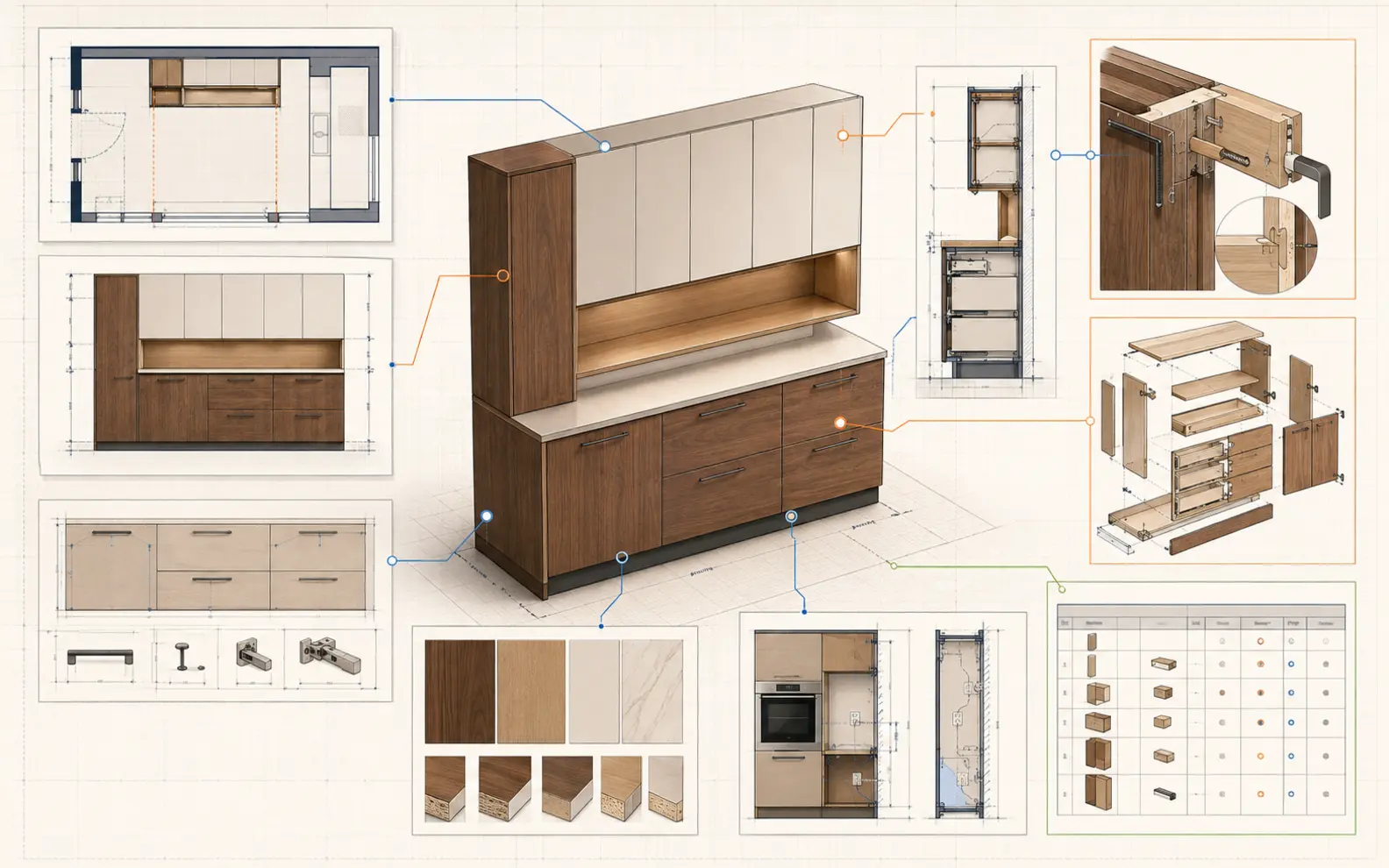 Custom cabinet assembly connected to its room plan, elevation, section, joint detail, exploded view, materials, hardware and unit schedule