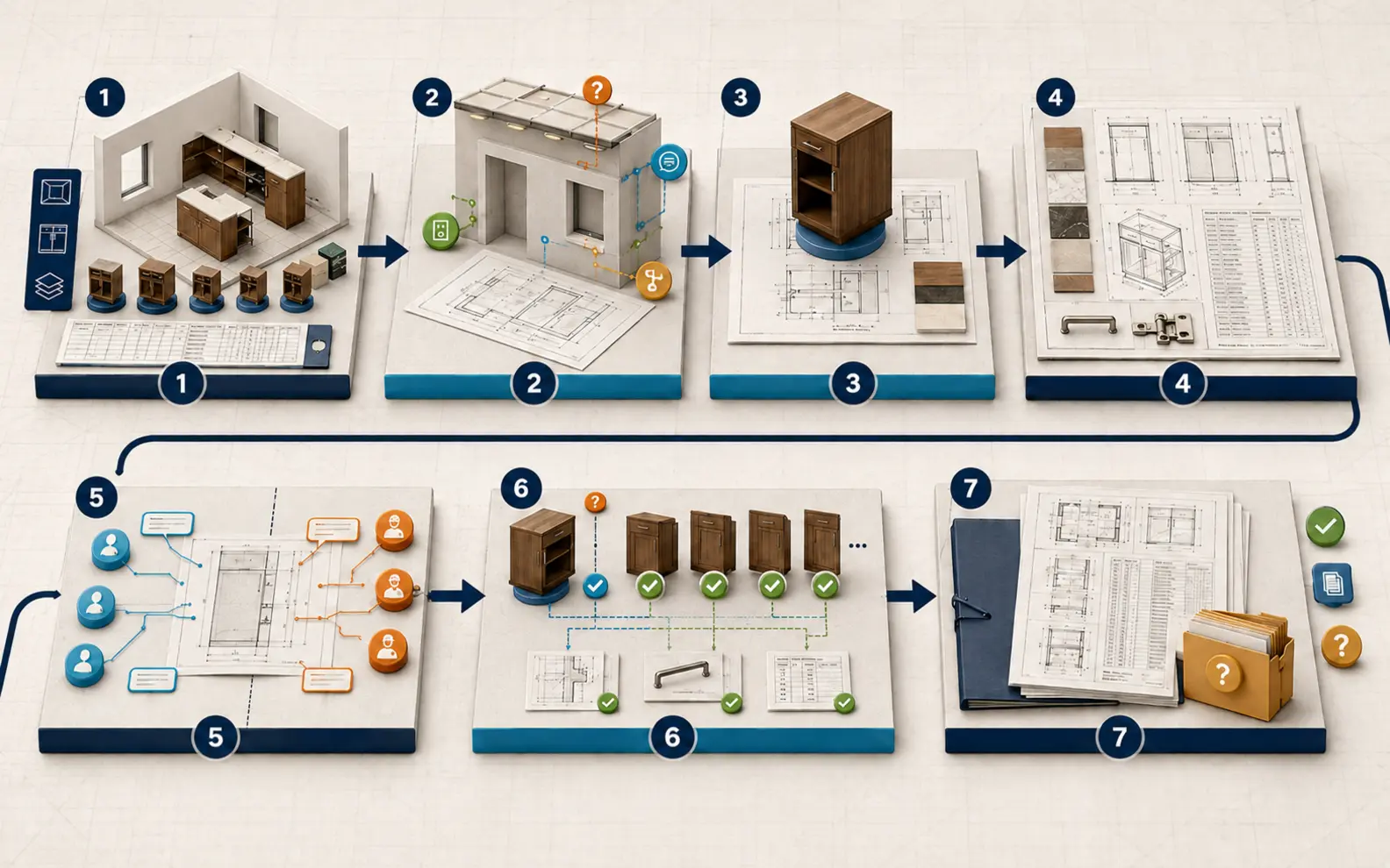 Seven-stage millwork workflow from room scope and interface checks through representative detailing, review, revision propagation and release handover