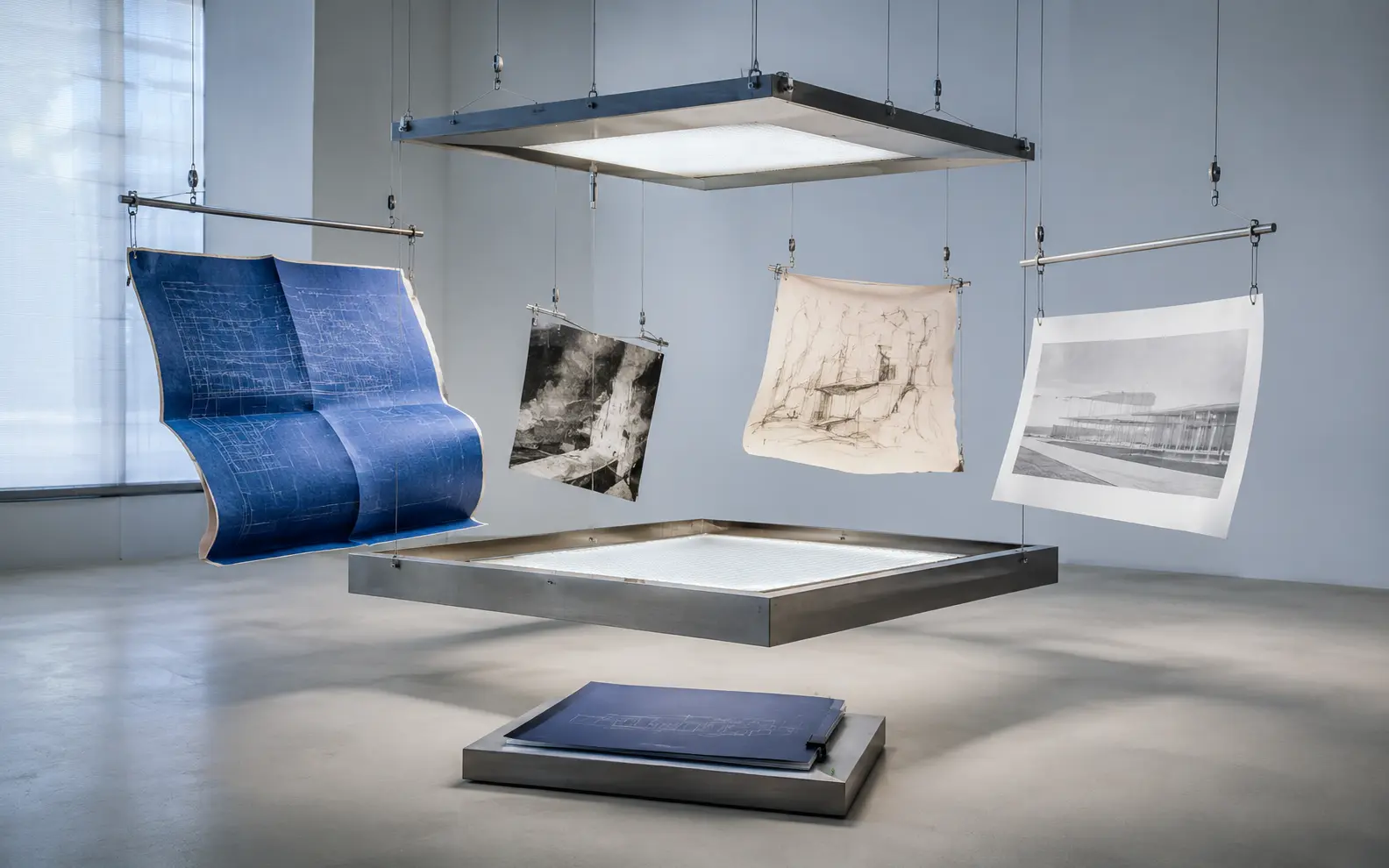 Blueprint, scanned drawing, hand sketch and photographed record arranged in one controlled archival inspection installation