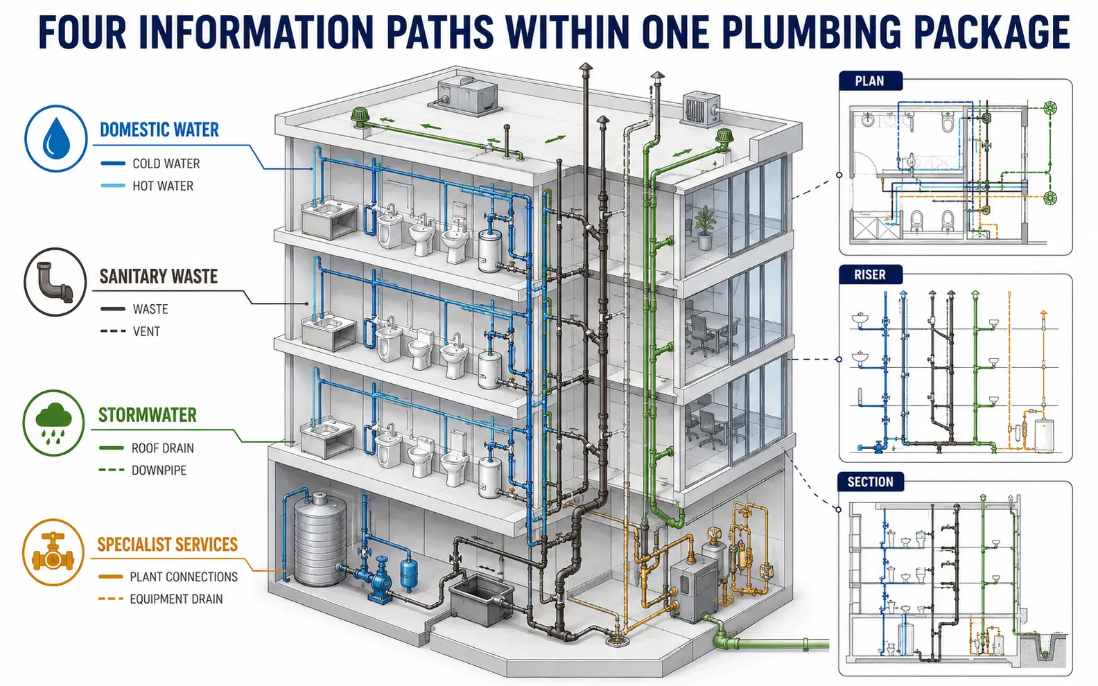 Multi-level plumbing model showing domestic water, sanitary waste, stormwater and specialist services with plan, riser and section outputs