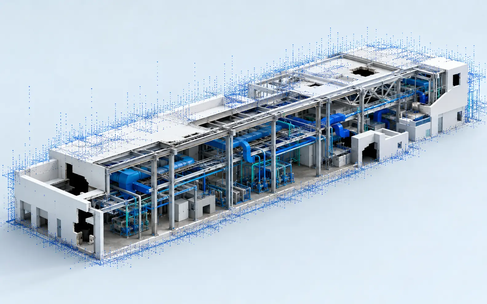 Existing industrial interior reconstructed from point-cloud evidence with architectural shell, visible structure and coordinated MEP routes