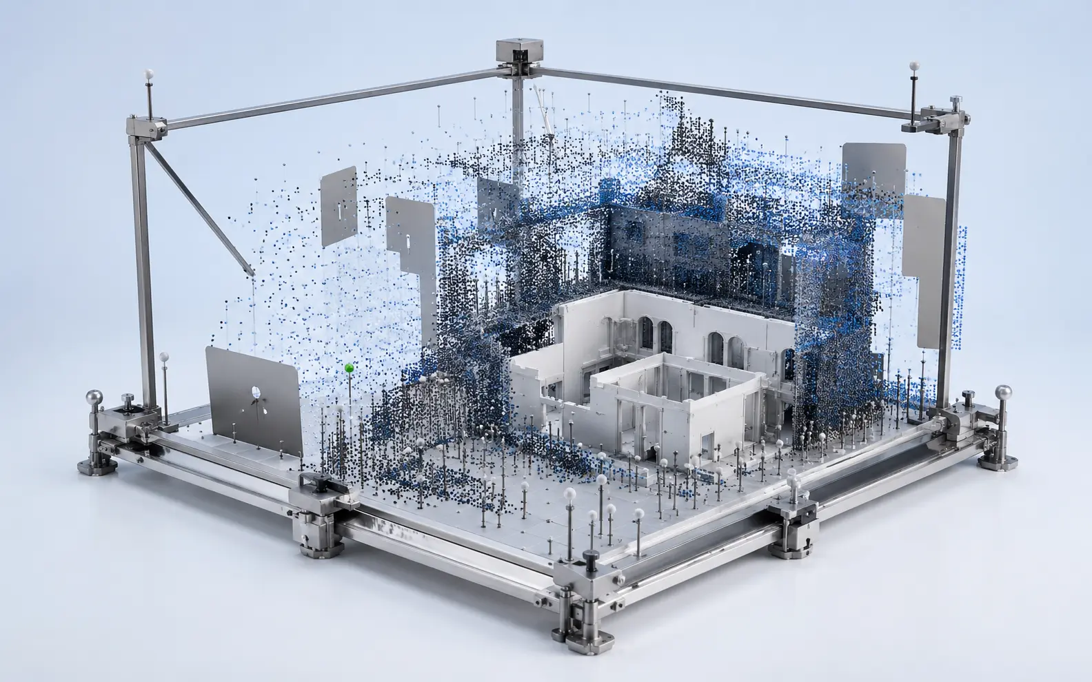 Registered point-cloud evidence held around a partial building model with scan gaps and occluded areas left visibly unresolved